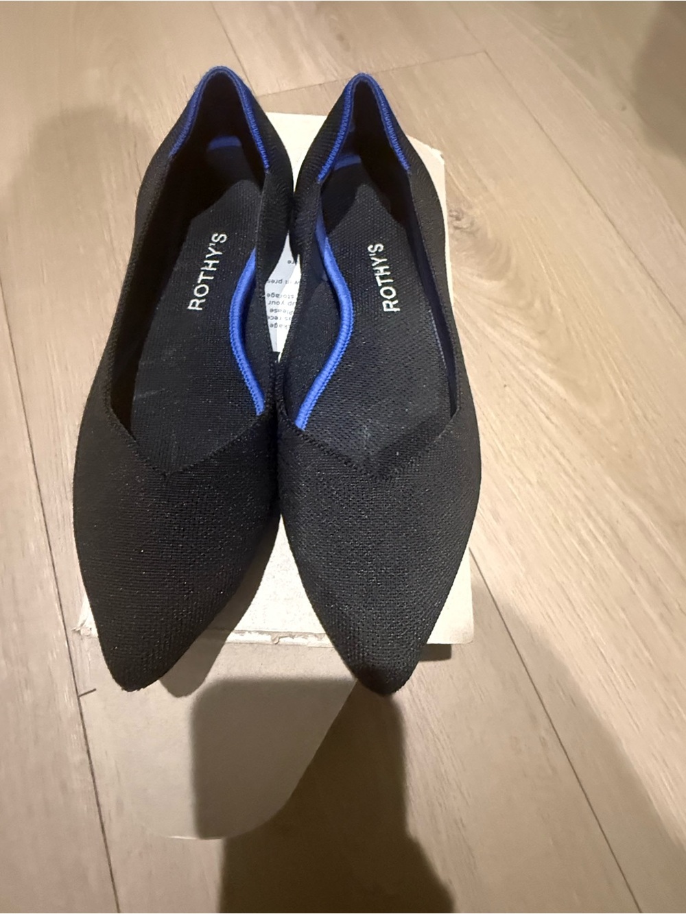 Rothy's Black Pointed Flats with Blue Trim